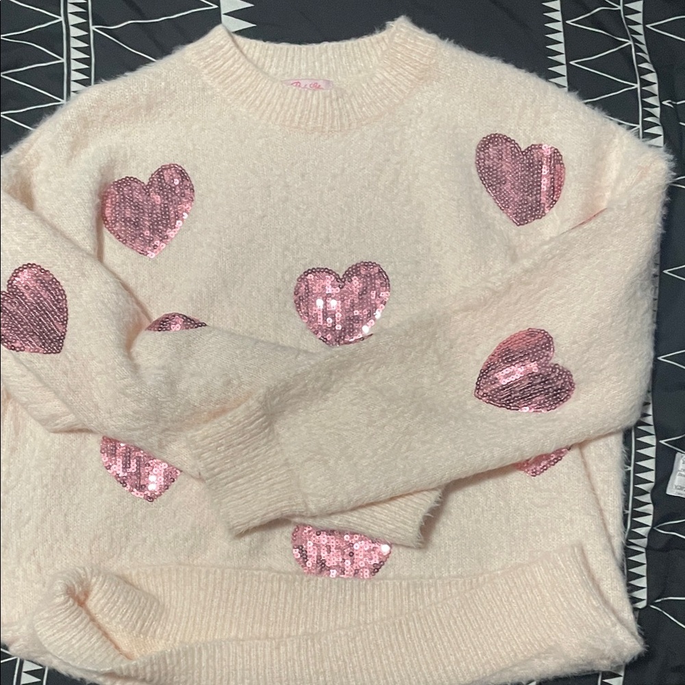 Pink Lily Cream Sweater with Pink Sequin Hearts